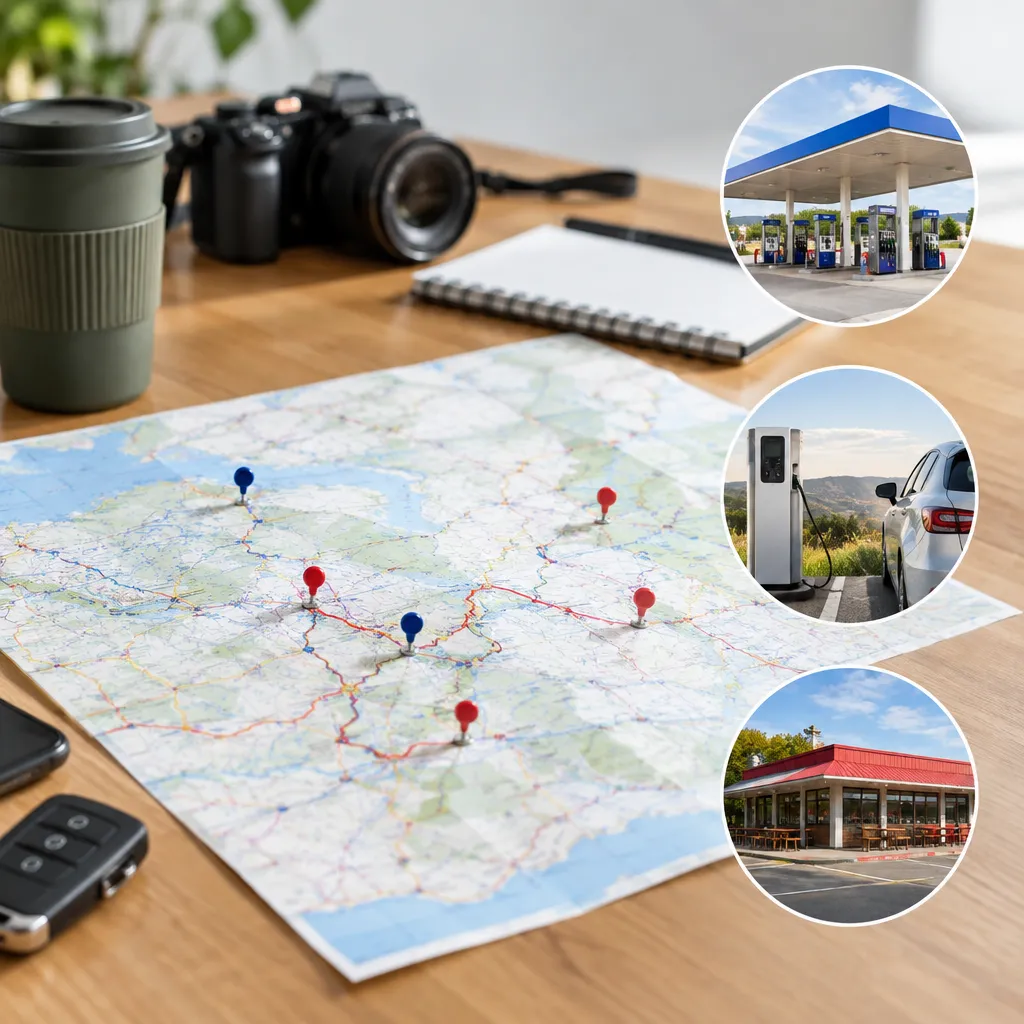 Add fuel, charging, and meal stops for road trips map