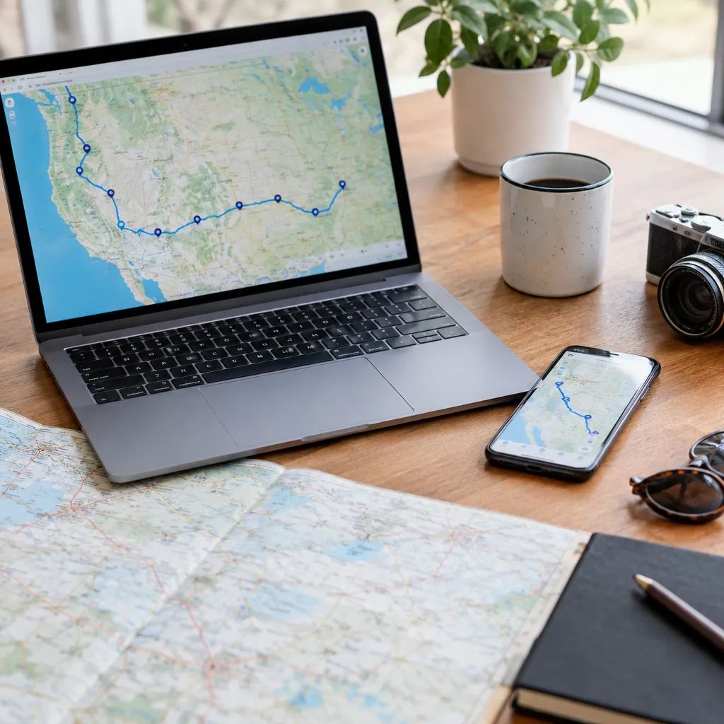 Save, share, and test the route before departure for road trips map